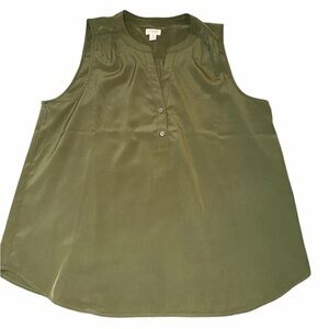 J.Crew Sleeveless Split Neck Blouse | Olive Green Satin Finish | Size Medium